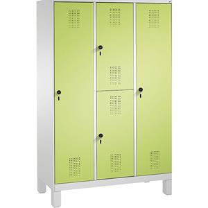 C+P EVOLO Kombinationsschrank, ein- und doppelstöckig, 3 Abteile, 4 Türen, Abteilbreite 400 mm, mit Füßen, lichtgrau / viridingrün