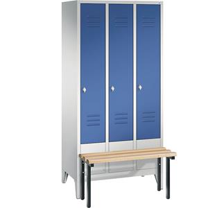 C+P CLASSIC Garderobenschrank mit vorgebauter Sitzbank, 3 Abteile, Abteilbreite 300 mm, lichtgrau / enzianblau