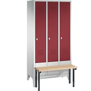 C+P CLASSIC Garderobenschrank mit vorgebauter Sitzbank, 3 Abteile, Abteilbreite 300 mm, lichtgrau / rubinrot