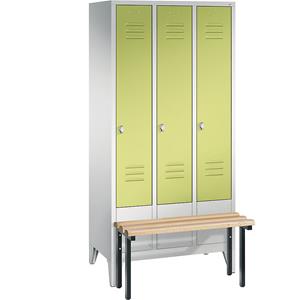 C+P CLASSIC Garderobenschrank mit vorgebauter Sitzbank, 3 Abteile, Abteilbreite 300 mm, lichtgrau / viridingrün