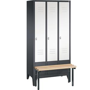 C+P CLASSIC Garderobenschrank mit vorgebauter Sitzbank, 3 Abteile, Abteilbreite 300 mm, schwarzgrau / verkehrsweiß