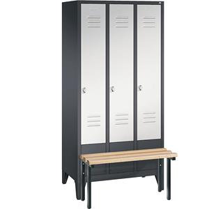 C+P CLASSIC Garderobenschrank mit vorgebauter Sitzbank, 3 Abteile, Abteilbreite 300 mm, schwarzgrau / lichtgrau