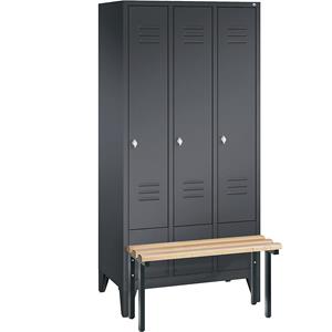C+P CLASSIC Garderobenschrank mit vorgebauter Sitzbank, 3 Abteile, Abteilbreite 300 mm, schwarzgrau