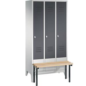 C+P CLASSIC Garderobenschrank mit vorgebauter Sitzbank, 3 Abteile, Abteilbreite 300 mm, lichtgrau / schwarzgrau