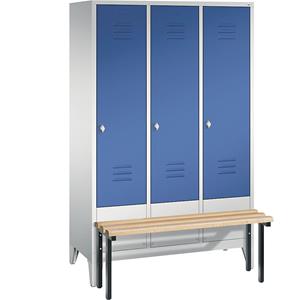 C+P CLASSIC Garderobenschrank mit vorgebauter Sitzbank, 3 Abteile, Abteilbreite 400 mm, lichtgrau / enzianblau
