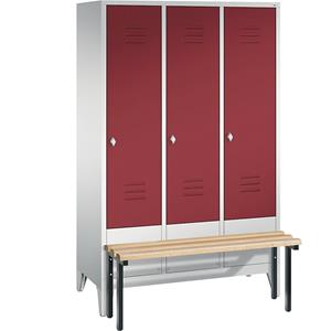 C+P CLASSIC Garderobenschrank mit vorgebauter Sitzbank, 3 Abteile, Abteilbreite 400 mm, lichtgrau / rubinrot