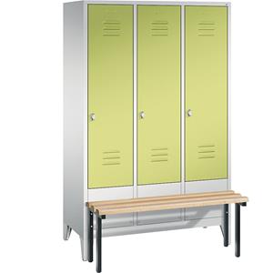 C+P CLASSIC Garderobenschrank mit vorgebauter Sitzbank, 3 Abteile, Abteilbreite 400 mm, lichtgrau / viridingrün
