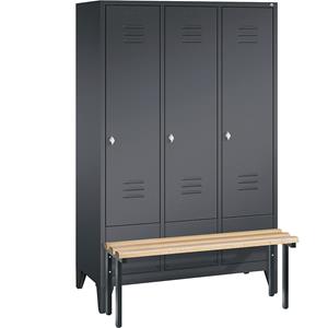 C+P CLASSIC Garderobenschrank mit vorgebauter Sitzbank, 3 Abteile, Abteilbreite 400 mm, schwarzgrau