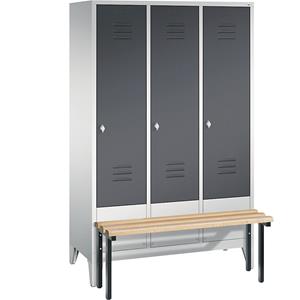 C+P CLASSIC Garderobenschrank mit vorgebauter Sitzbank, 3 Abteile, Abteilbreite 400 mm, lichtgrau / schwarzgrau