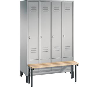 C+P CLASSIC Garderobenschrank mit vorgebauter Sitzbank, 4 Abteile, Abteilbreite 300 mm, weißaluminium