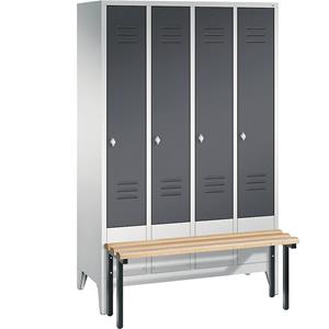 C+P CLASSIC Garderobenschrank mit vorgebauter Sitzbank, 4 Abteile, Abteilbreite 300 mm, lichtgrau / schwarzgrau