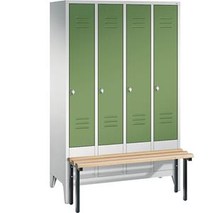 C+P CLASSIC Garderobenschrank mit vorgebauter Sitzbank, 4 Abteile, Abteilbreite 300 mm, lichtgrau / resedagrün
