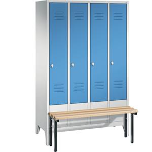 C+P CLASSIC Garderobenschrank mit vorgebauter Sitzbank, 4 Abteile, Abteilbreite 300 mm, lichtgrau / lichtblau
