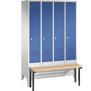 C+P CLASSIC Garderobenschrank mit vorgebauter Sitzbank, 4 Abteile, Abteilbreite 300 mm, lichtgrau / enzianblau