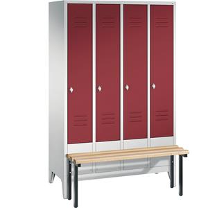 C+P CLASSIC Garderobenschrank mit vorgebauter Sitzbank, 4 Abteile, Abteilbreite 300 mm, lichtgrau / rubinrot