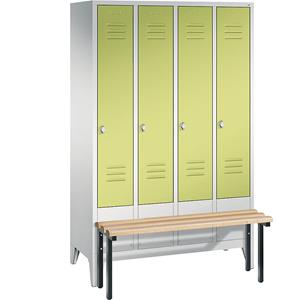 C+P CLASSIC Garderobenschrank mit vorgebauter Sitzbank, 4 Abteile, Abteilbreite 300 mm, lichtgrau / viridingrün