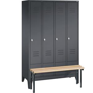 C+P CLASSIC Garderobenschrank mit vorgebauter Sitzbank, 4 Abteile, Abteilbreite 300 mm, schwarzgrau