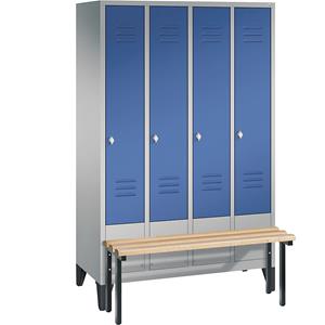 C+P CLASSIC Garderobenschrank mit vorgebauter Sitzbank, 4 Abteile, Abteilbreite 300 mm, weißaluminium / enzianblau