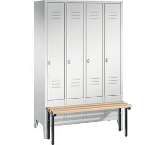C+P CLASSIC Garderobenschrank mit vorgebauter Sitzbank, 4 Abteile, Abteilbreite 300 mm, lichtgrau