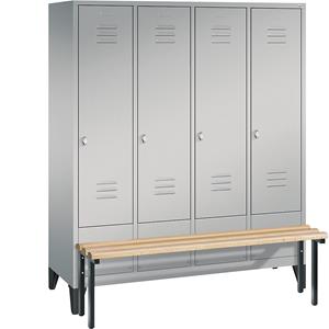 C+P CLASSIC Garderobenschrank mit vorgebauter Sitzbank, 4 Abteile, Abteilbreite 400 mm, weißaluminium