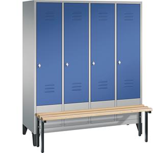 C+P CLASSIC Garderobenschrank mit vorgebauter Sitzbank, 4 Abteile, Abteilbreite 400 mm, weißaluminium / enzianblau