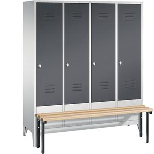 C+P CLASSIC Garderobenschrank mit vorgebauter Sitzbank, 4 Abteile, Abteilbreite 400 mm, lichtgrau / schwarzgrau