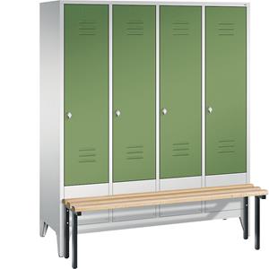 C+P CLASSIC Garderobenschrank mit vorgebauter Sitzbank, 4 Abteile, Abteilbreite 400 mm, lichtgrau / resedagrün