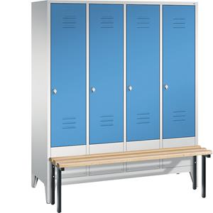 C+P CLASSIC Garderobenschrank mit vorgebauter Sitzbank, 4 Abteile, Abteilbreite 400 mm, lichtgrau / lichtblau