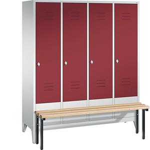 C+P CLASSIC Garderobenschrank mit vorgebauter Sitzbank, 4 Abteile, Abteilbreite 400 mm, lichtgrau / rubinrot