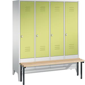 C+P CLASSIC Garderobenschrank mit vorgebauter Sitzbank, 4 Abteile, Abteilbreite 400 mm, lichtgrau / viridingrün