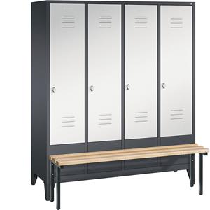 C+P CLASSIC Garderobenschrank mit vorgebauter Sitzbank, 4 Abteile, Abteilbreite 400 mm, schwarzgrau / lichtgrau