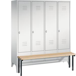 C+P CLASSIC Garderobenschrank mit vorgebauter Sitzbank, 4 Abteile, Abteilbreite 400 mm, lichtgrau