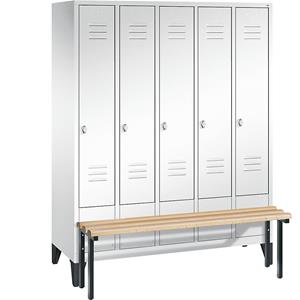 C+P CLASSIC Garderobenschrank mit vorgebauter Sitzbank, 5 Abteile, Abteilbreite 300 mm, verkehrsweiß