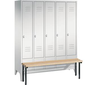 C+P CLASSIC Garderobenschrank mit vorgebauter Sitzbank, 5 Abteile, Abteilbreite 300 mm, lichtgrau