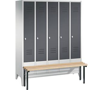 C+P CLASSIC Garderobenschrank mit vorgebauter Sitzbank, 5 Abteile, Abteilbreite 300 mm, lichtgrau / schwarzgrau