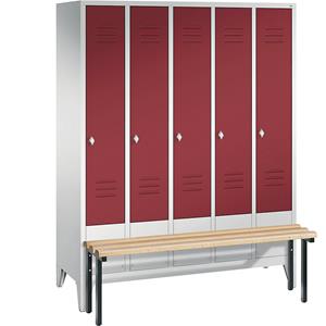 C+P CLASSIC Garderobenschrank mit vorgebauter Sitzbank, 5 Abteile, Abteilbreite 300 mm, lichtgrau / rubinrot