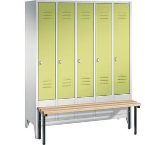 C+P CLASSIC Garderobenschrank mit vorgebauter Sitzbank, 5 Abteile, Abteilbreite 300 mm, lichtgrau / viridingrün