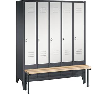 C+P CLASSIC Garderobenschrank mit vorgebauter Sitzbank, 5 Abteile, Abteilbreite 300 mm, schwarzgrau / lichtgrau