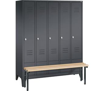 C+P CLASSIC Garderobenschrank mit vorgebauter Sitzbank, 5 Abteile, Abteilbreite 300 mm, schwarzgrau