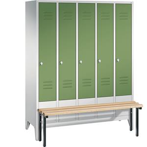 C+P CLASSIC Garderobenschrank mit vorgebauter Sitzbank, 5 Abteile, Abteilbreite 300 mm, lichtgrau / resedagrün