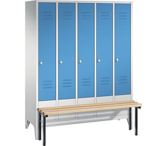 C+P CLASSIC Garderobenschrank mit vorgebauter Sitzbank, 5 Abteile, Abteilbreite 300 mm, lichtgrau / lichtblau