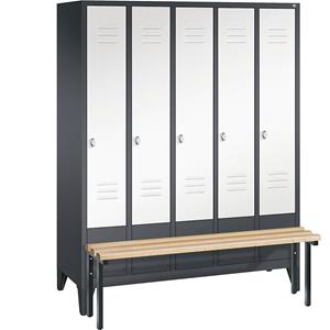 C+P CLASSIC Garderobenschrank mit vorgebauter Sitzbank, 5 Abteile, Abteilbreite 300 mm, schwarzgrau / verkehrsweiß