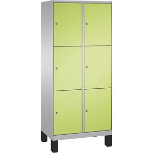 C+P EVOLO Fächerschrank, mit Füßen, 2 Abteile, je 3 Fächer, Abteilbreite 400 mm, weißaluminium / viridingrün