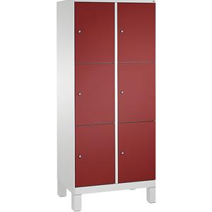 C+P EVOLO Fächerschrank, mit Füßen, 2 Abteile, je 3 Fächer, Abteilbreite 400 mm, lichtgrau / rubinrot