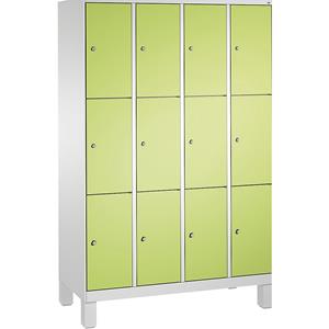 C+P EVOLO Fächerschrank, mit Füßen, 4 Abteile, je 3 Fächer, Abteilbreite 300 mm, lichtgrau / viridingrün