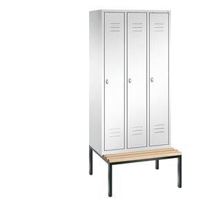 C+P CLASSIC Garderobenschrank mit untergebauter Sitzbank, 3 Abteile, Abteilbreite 300 mm, verkehrsweiß