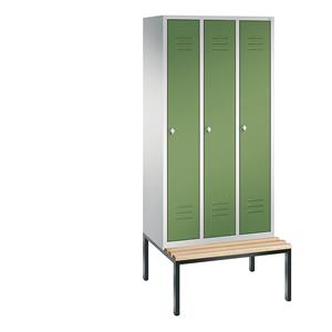 C+P CLASSIC Garderobenschrank mit untergebauter Sitzbank, 3 Abteile, Abteilbreite 300 mm, lichtgrau / resedagrün