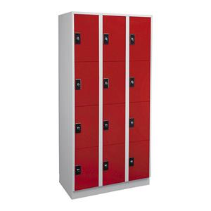 Wolf Lockerkast, 3 afdelingen, elk 4 vakken, lichtgrijs / vuurrood