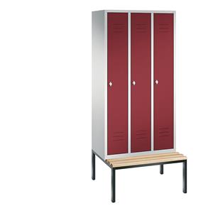 C+P CLASSIC Garderobenschrank mit untergebauter Sitzbank, 3 Abteile, Abteilbreite 300 mm, lichtgrau / rubinrot