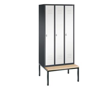C+P CLASSIC Garderobenschrank mit untergebauter Sitzbank, 3 Abteile, Abteilbreite 300 mm, schwarzgrau / verkehrsweiß